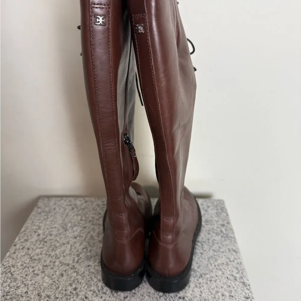 SAM EDELMAN Womens Tall Brown Logo Nance Round Toe Block Heel Leather Boots 5